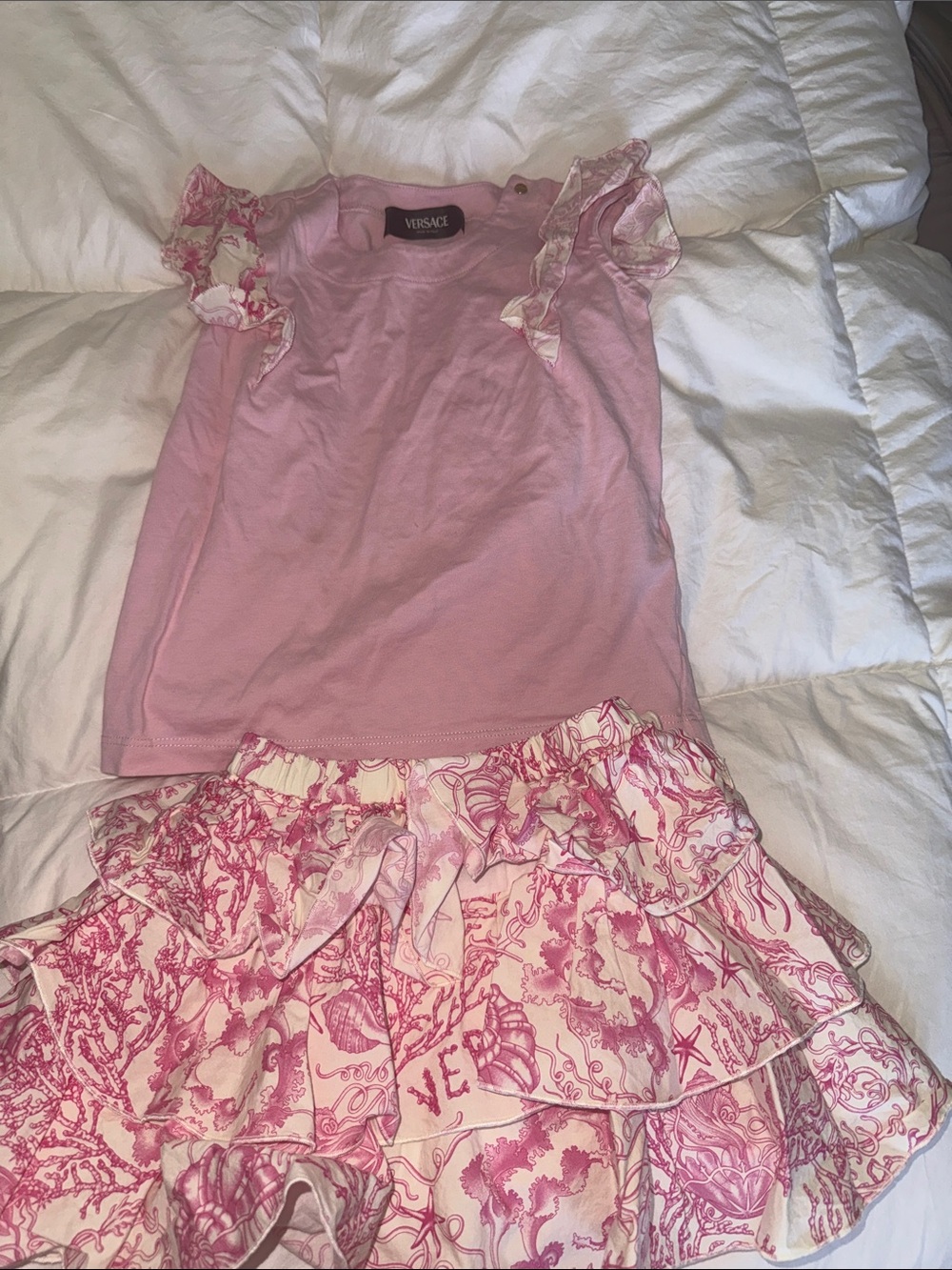 Versace Pink Two-Piece Ruffle Tee and Printed Skirt